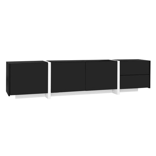 Meuble TV 170cm, 4 Portes, 1 Tiroir, passe-câble, led, aggloméré, noir+blanc