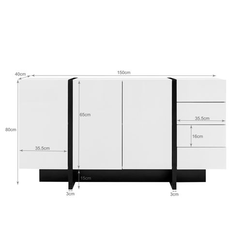 Buffet Bas, 4 Tiroirs, 3 Portes, design Simple, moderne, aggloméré+mdf, blanc+noir