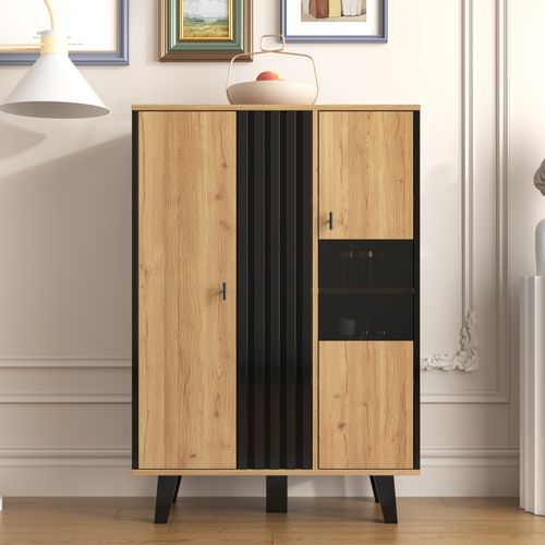 Buffet Bas,2 Portes,verre Encastrée,led,moderne,aggloméré, Couleur Bois+noir