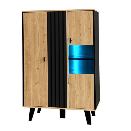 Buffet Bas,2 Portes,verre Encastrée,led,moderne,aggloméré, Couleur Bois+noir