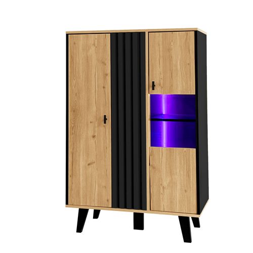 Buffet Bas,2 Portes,verre Encastrée,led,moderne,aggloméré, Couleur Bois+noir