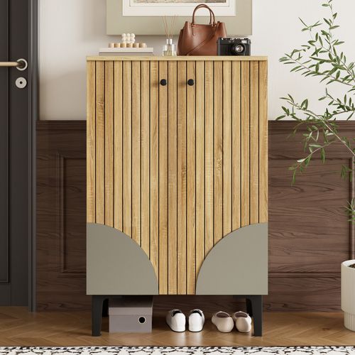 Meuble à Chaussures, 2 Portes, naturel, pied En Métal, aggloméré+mdf,bois+gris