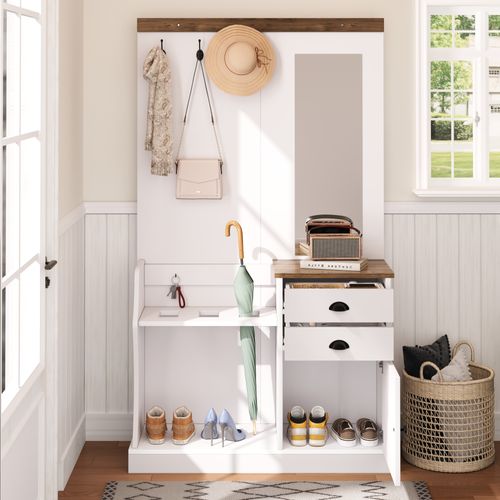 Vestiaire Avec Miroir Intégré, 2 Tiroirs Et Crochets, Armoire De Rangement D’entrée Bois Et Blanc