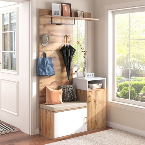 Vestiaire, Armoire D’entrée Avec Miroir, Banc Et Rangements à Chaussures, Blanc Et Bois