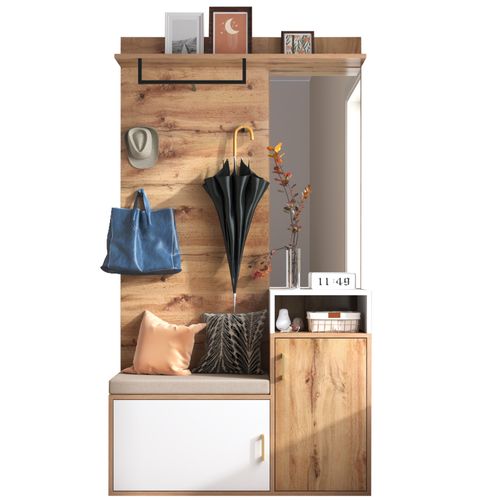 Vestiaire, Armoire D’entrée Avec Miroir, Banc Et Rangements à Chaussures, Blanc Et Bois