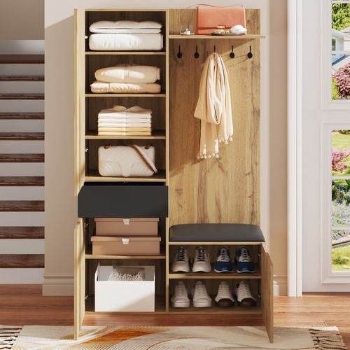 Armoire D'entrée, Vestiaire Bois Et Noir Élégante Avec Miroir, Banc Et Rangements