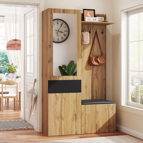 Armoire D'entrée, Vestiaire Bois Et Noir Élégante Avec Miroir, Banc Et Rangements
