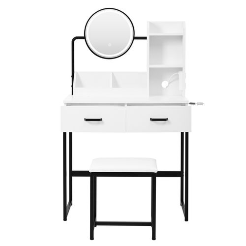 Coiffeuse + Tabouret Blanche Et Noire Avec Miroir LED, Prise Intégrée Et 2 Tiroirs De Rangement