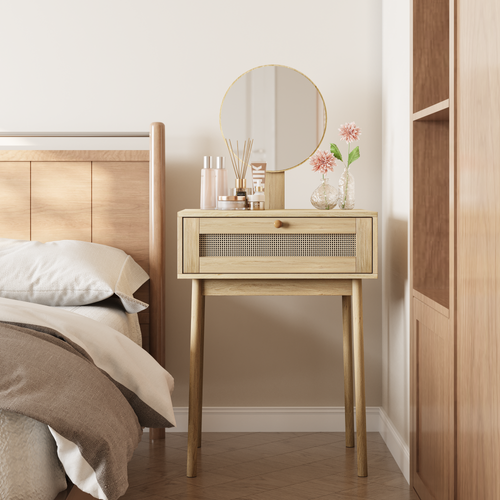 Coiffeuse En Bois Style Bohème Avec Miroir Rond Et Tiroir