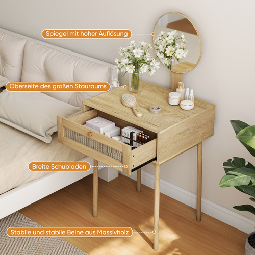 Coiffeuse En Bois Style Bohème Avec Miroir Rond Et Tiroir