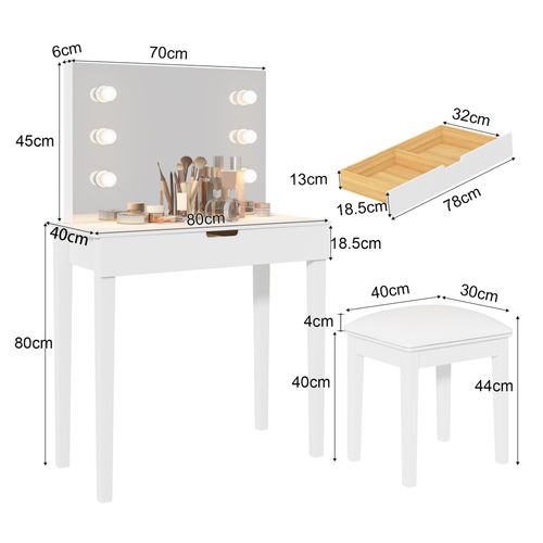Coiffeuse LED Avec Tabouret, Miroir, Tiroir De Rangement, Ports De Charge, Pour Maquillage