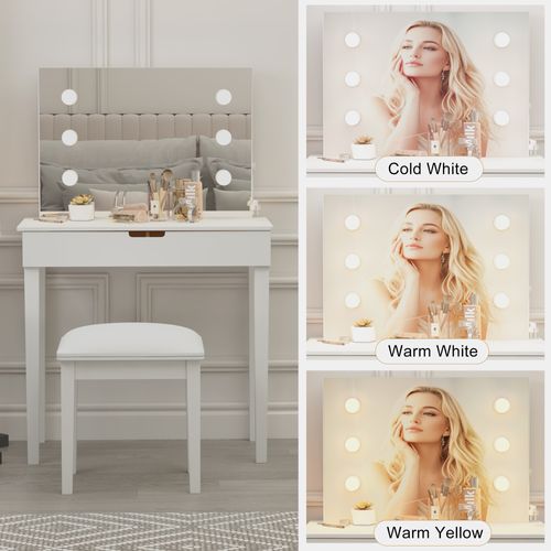Coiffeuse LED Avec Tabouret, Miroir, Tiroir De Rangement, Ports De Charge, Pour Maquillage
