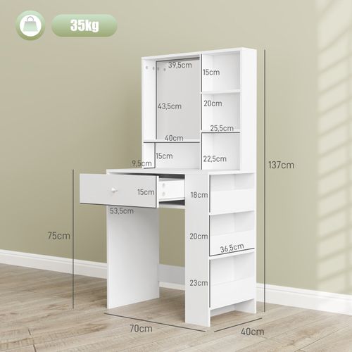 Coiffeuse Blanche Avec Miroir, Tiroir De Rangement Et Étagères Pour Maquillage