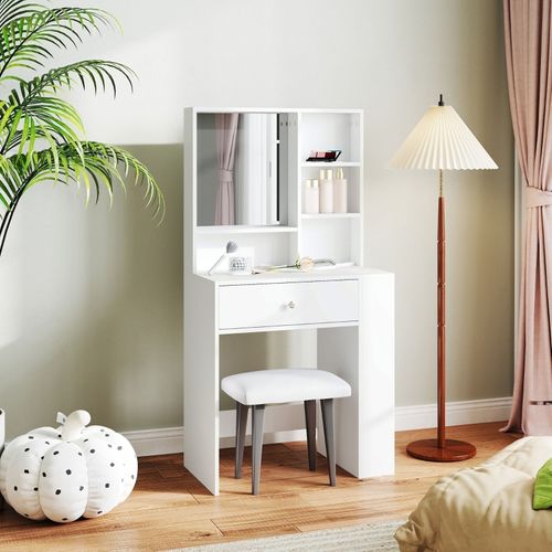 Coiffeuse Blanche Avec Miroir, Tiroir De Rangement Et Étagères Pour Maquillage