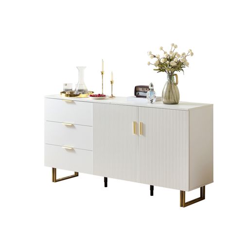 Buffet Bas,2 Portes, 3 Tiroirs,moderne,pied En Acier,design Simple,mdf,blanc
