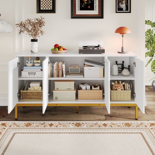 Buffet Bas,4 Portes,moderne,design Élégant,étagères Ajustables,mdf+aggloméré,blanc