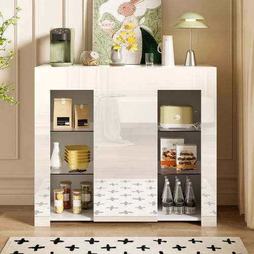 Buffet Bas, 1 Porte, moderne, étagères En Verre, design Élégant, aggloméré, blanc