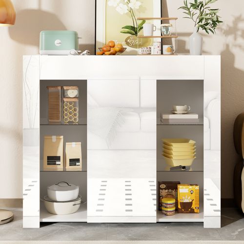 Buffet Bas, 1 Porte, moderne, étagères En Verre, design Élégant, aggloméré, blanc