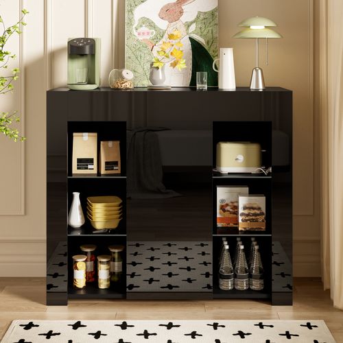 Buffet Bas, 1 Porte, moderne, étagères En Verre, design Élégant, aggloméré, noir
