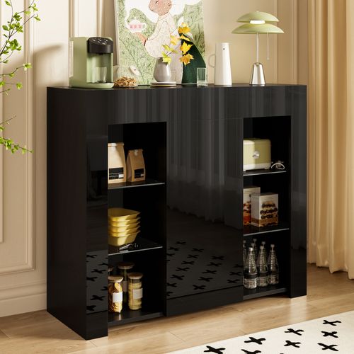 Buffet Bas, 1 Porte, moderne, étagères En Verre, design Élégant, aggloméré, noir