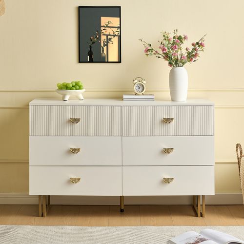 Commode,moderne,6 Tiroirs,design Élégant,pied En Acier,mdf,blanc