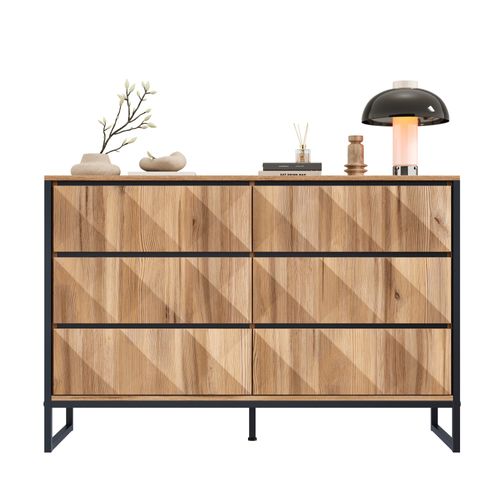 Commode,6 Tiroirs,naturel,cadre En Fer,aggloméré,bois+noir