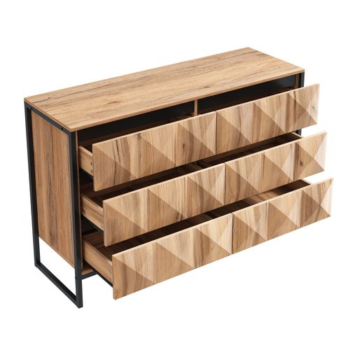 Commode,6 Tiroirs,naturel,cadre En Fer,aggloméré,bois+noir