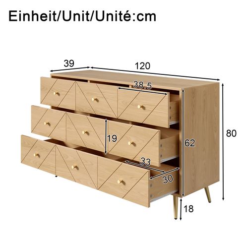 Commode,9 Tiroirs,naturel,pied En Fer,design Simple,aggloméré,bois