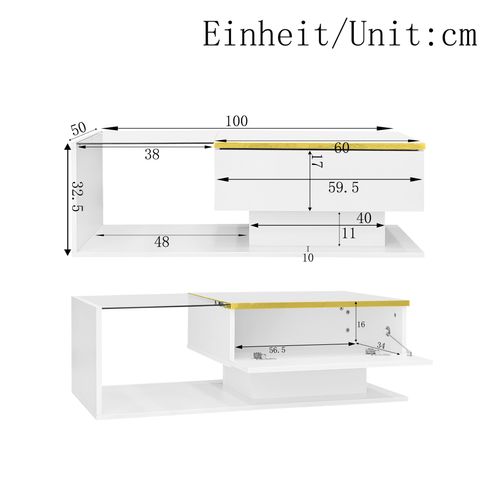 Table Basse 100 X 50 X 32,5 Cm, Avec Bande Lumineuse LED, Table D'appoint En Verre, Blanc