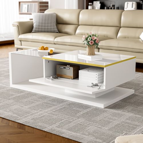 Table Basse 100 X 50 X 32,5 Cm, Avec Bande Lumineuse LED, Table D'appoint En Verre, Blanc
