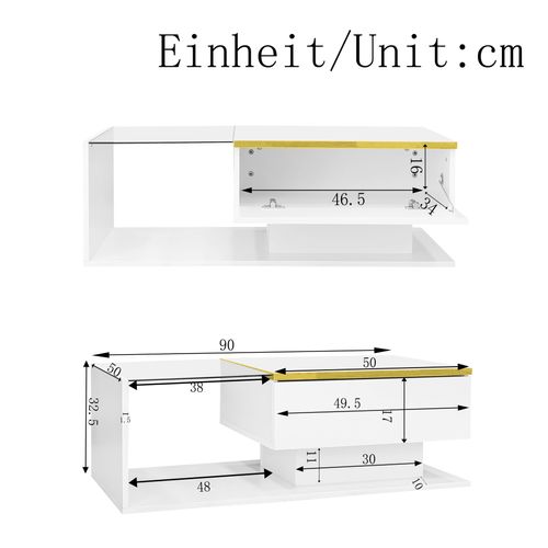 Table Basse 90 X 50 X 32,5 Cm, Avec Bande Lumineuse LED, Table D'appoint En Verre, blanc