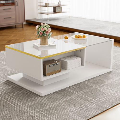 Table Basse 90 X 50 X 32,5 Cm, Avec Bande Lumineuse LED, Table D'appoint En Verre, blanc