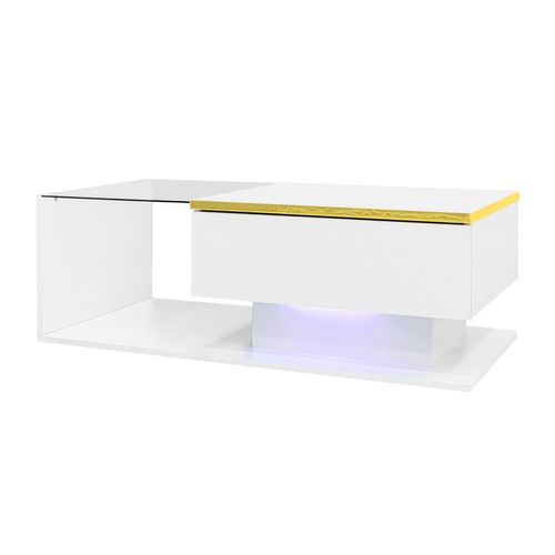Table Basse 90 X 50 X 32,5 Cm, Avec Bande Lumineuse LED, Table D'appoint En Verre, blanc