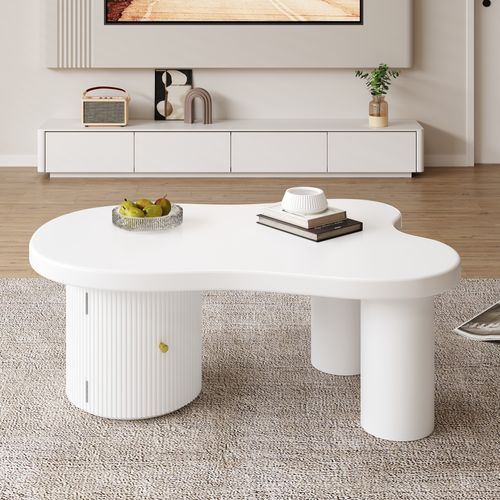 Table Basse Moderne Asymétrique 100x60x37cm, 1 Porte Courbée Avec Fonction Rangement, Blanche