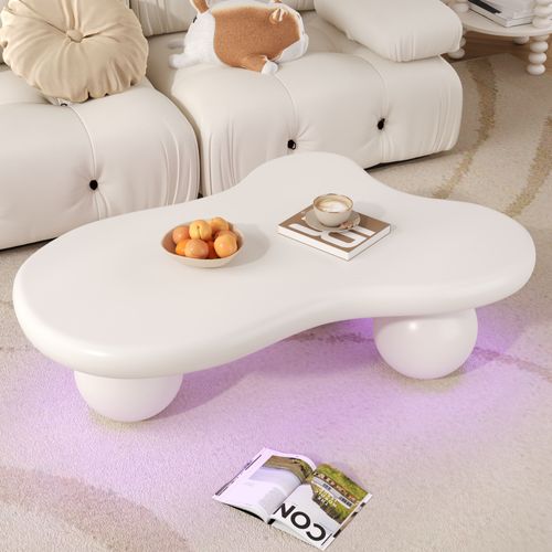 Table Basse Moderne En Forme De Nuage 95 X 62,5 X 32 Cm, Avec Éclairage LED, Pieds Ronds, Blanc