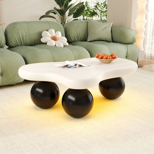 Table basse moderne 95 X 62,5 X 32 Cm Avec Éclairage LED, Pieds Ronds Noirs, Plateau Blanc