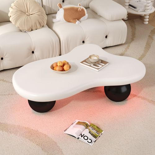 Table basse moderne 95 X 62,5 X 32 Cm Avec Éclairage LED, Pieds Ronds Noirs, Plateau Blanc