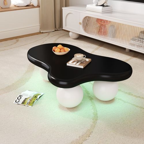 Table Basse Moderne 95 X 62,5 X 32 Cm Avec Éclairage LED, Pieds Ronds Blancs, Plateau Noir