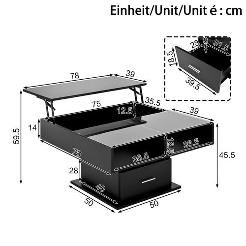 Table Basse Relevable Multifonctionnelle Haute Brillance 78x78x45,5 Cm, Avec LED, 1 Tiroir, Noir