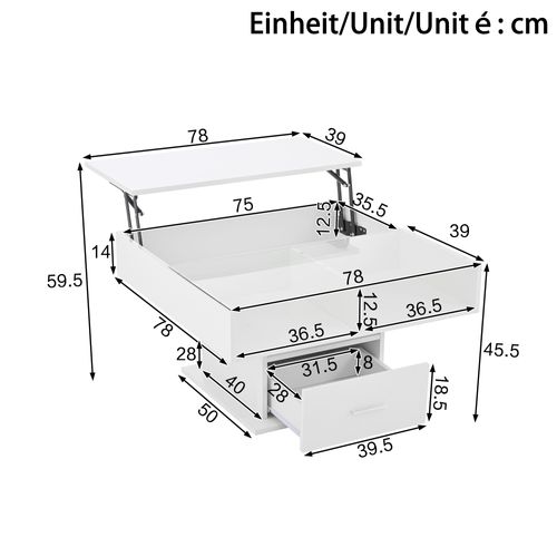 Table Basse Relevable Multifonctionnelle Haute Brillance 78x78x45,5 Cm, Avec LED, 1 Tiroir, Blanc