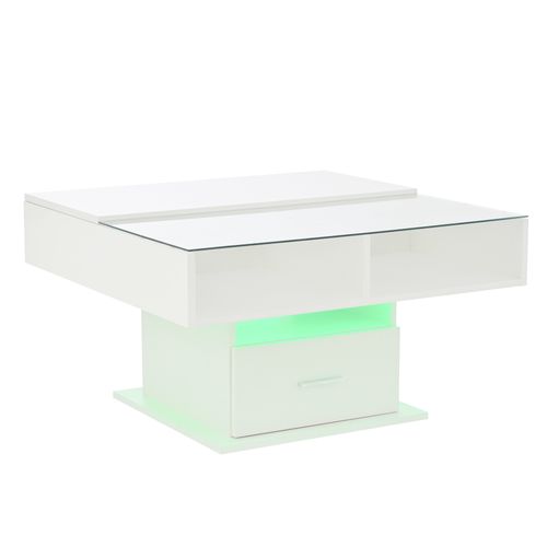 Table Basse Relevable Multifonctionnelle Haute Brillance 78x78x45,5 Cm, Avec LED, 1 Tiroir, Blanc