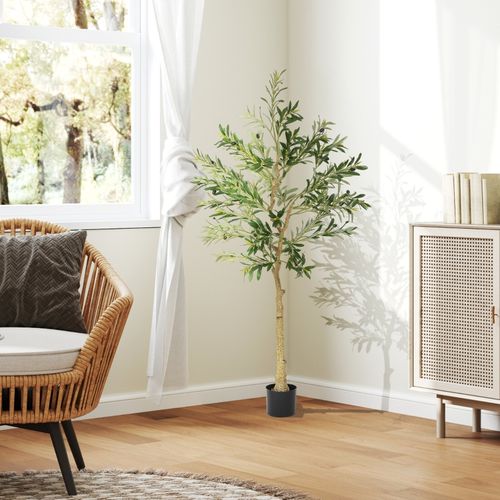 Plante Artificielle Arbre Olivier 150 Cm Avec 720 Feuilles Et 40 Olives, Décorative