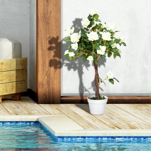 Plante Artificielle Rose Blanc 90 Cm Avec Pot, Décorative Pour Salon Et Bureau