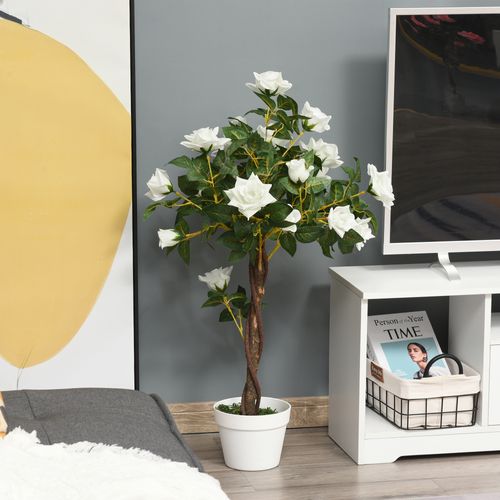 Plante Artificielle Rose Blanc 90 Cm Avec Pot, Décorative Pour Salon Et Bureau
