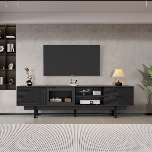 Meuble TV Bas Noir De 200 Cm Avec 2 Portes, 2 Tiroirs Et 2 Compartiments Ouverts