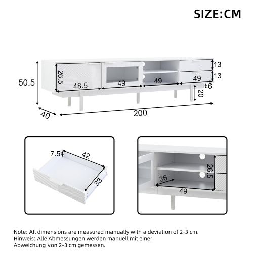 Meuble TV Bas Blanc De 200 Cm Avec 2 Portes, 2 Tiroirs Et 2 Compartiments Ouverts