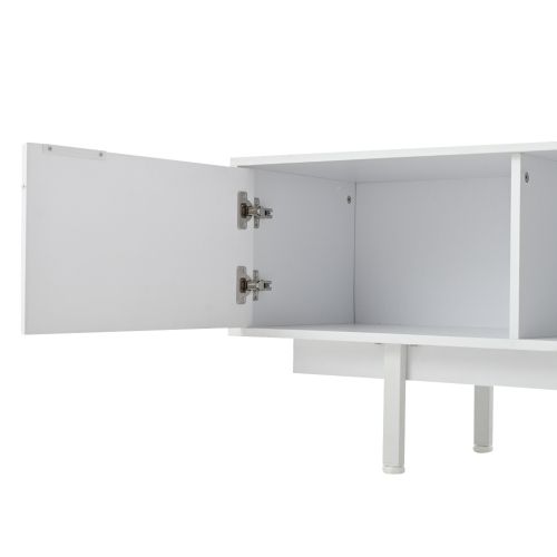 Meuble TV Bas Blanc De 200 Cm Avec 2 Portes, 2 Tiroirs Et 2 Compartiments Ouverts