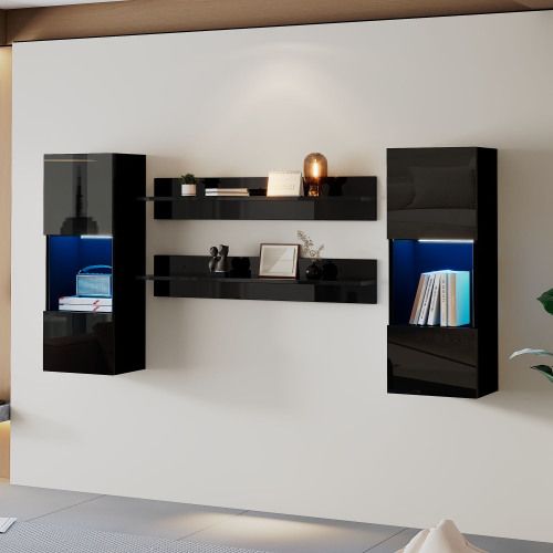 Ensemble De Meuble TV, 2 Meuble Mural LED Et 2 Étagères, Portes En Verre Trempé, Noir