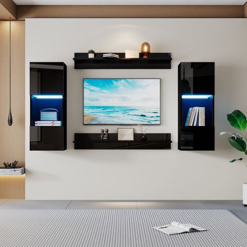 Ensemble De Meuble TV, 2 Meuble Mural LED Et 2 Étagères, Portes En Verre Trempé, Noir