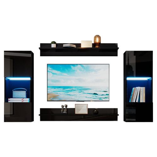 Ensemble De Meuble TV, 2 Meuble Mural LED Et 2 Étagères, Portes En Verre Trempé, Noir